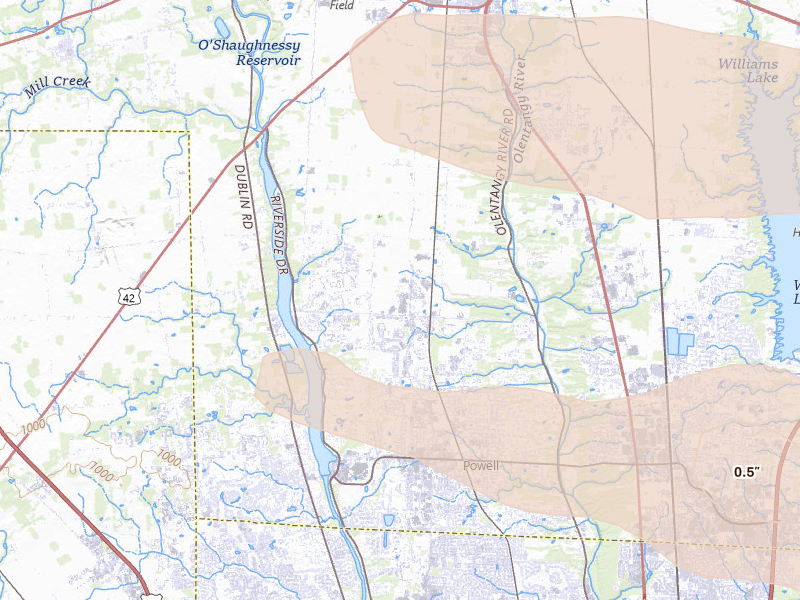 Radar-estimated hail-size map of the storm over Powell, OH on Jul 21, 2026