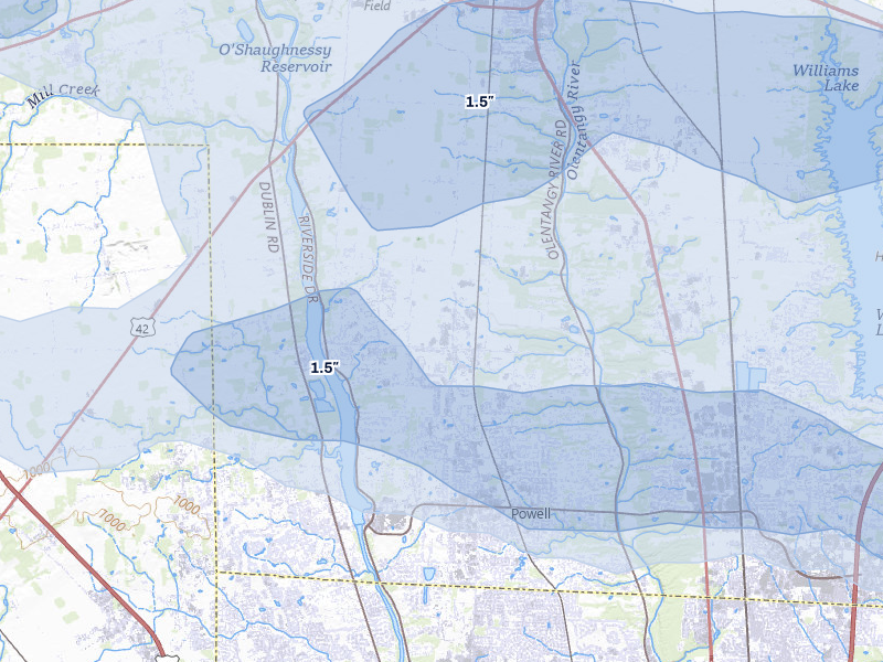 NEXRAD radar-signature map of the hail over Powell, OH