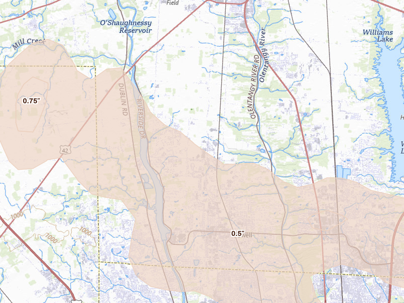 Radar-estimated hail-size map of the storm over Powell, OH on Aug 10, 2026