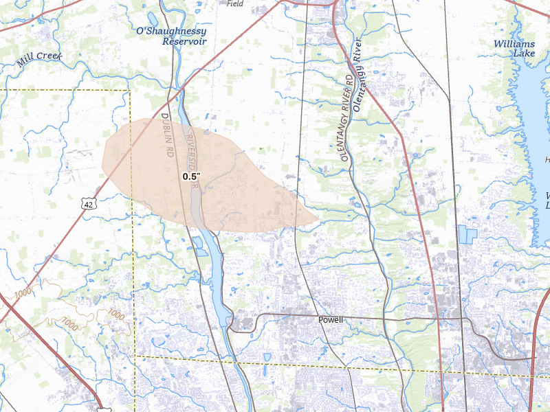 Radar-estimated hail-size map of the storm over Powell, OH on Aug 11, 2026