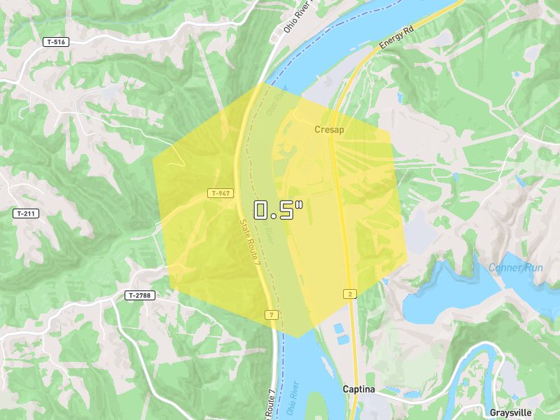 Hail map of Powhatan Point, OH on Jun 7, 2026, hail up to 0.5"