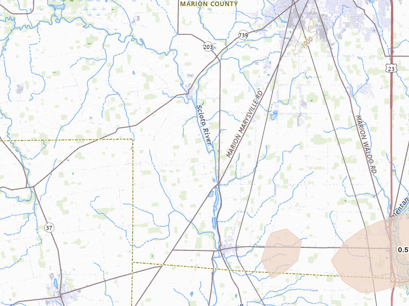 Radar-estimated hail-size map of the storm over Prospect, OH on Mar 22, 2026