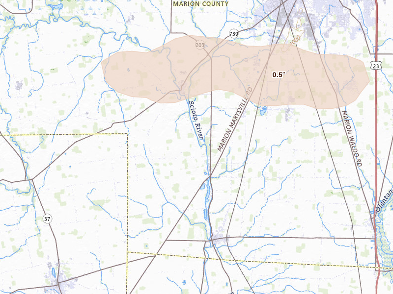 Radar-estimated hail-size map of the storm over Prospect, OH on Apr 3, 2026