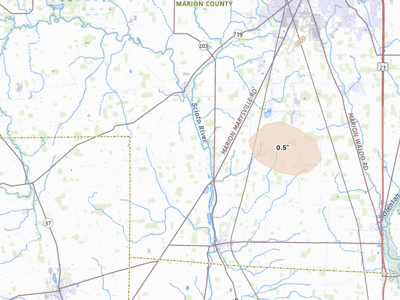 Radar-estimated hail-size map of the storm over Prospect, OH on Apr 22, 2026