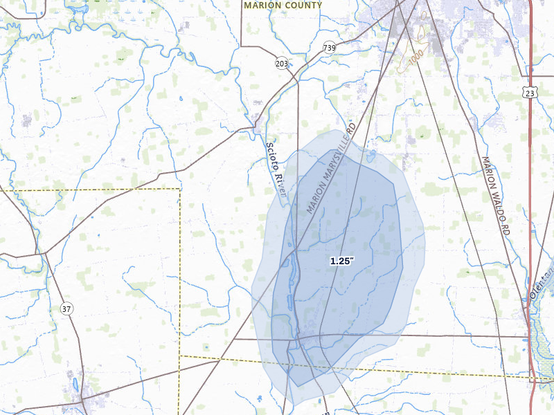 NEXRAD radar-signature map of the hail storm over Prospect, OH on Apr 22, 2026