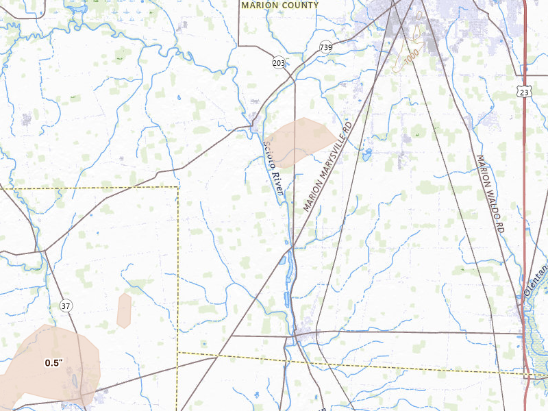 Radar-estimated hail-size map of the storm over Prospect, OH on May 16, 2026