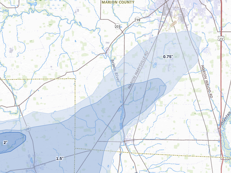 NEXRAD radar-signature map of the hail storm over Prospect, OH on May 16, 2026