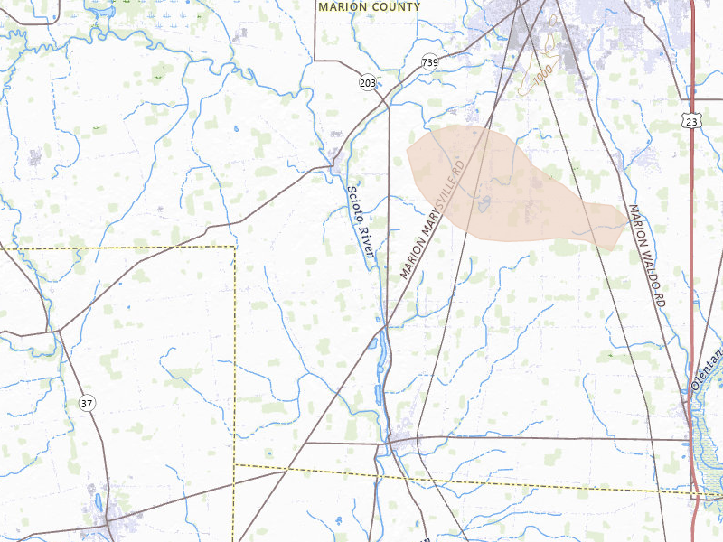 Radar-estimated hail-size map of the storm over Prospect, OH on Jul 18, 2026
