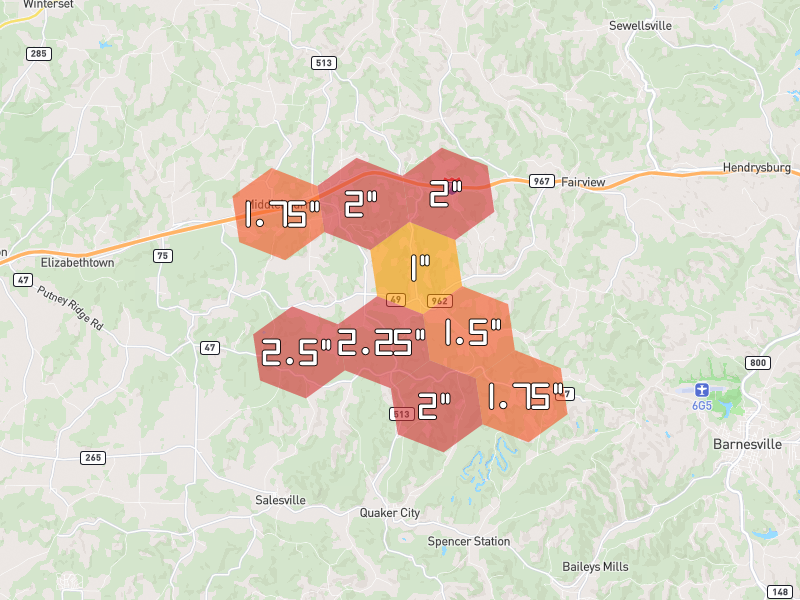 Hail map of Quaker City, OH on Jun 6, 2026, hail up to 2.5"