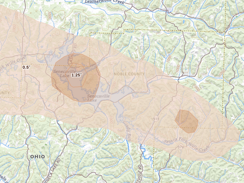 Radar-estimated hail-size map of the storm over Quaker City, OH on Jun 25, 2026