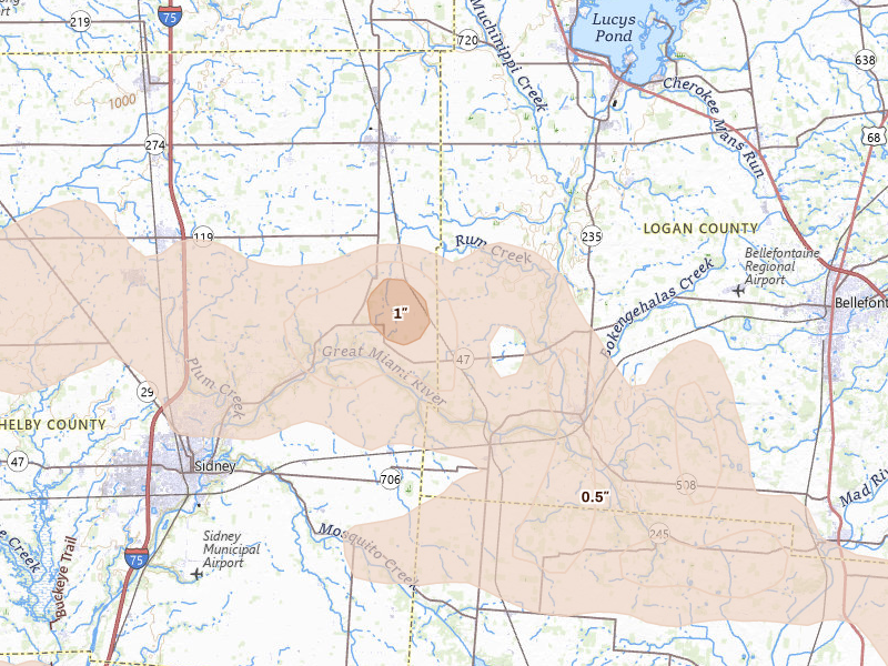 Radar-estimated hail-size map of the storm over Quincy, OH on Mar 22, 2026