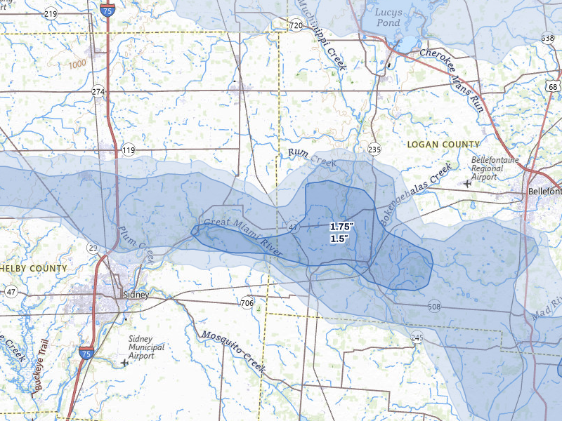 NEXRAD radar-signature map of the hail storm over Quincy, OH on Mar 22, 2026