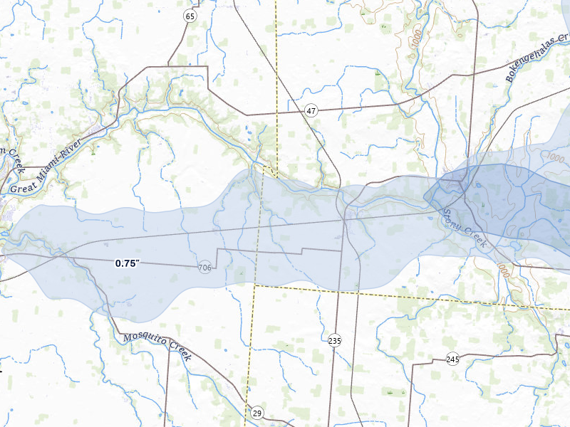 NEXRAD radar-signature map of the hail storm over Quincy, OH on Jun 6, 2026