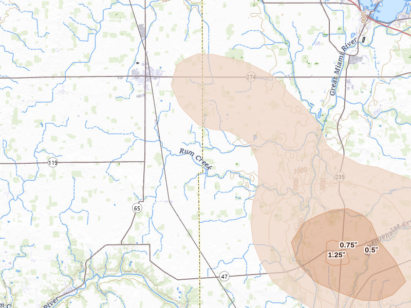 Radar-estimated hail-size map of the storm over Quincy, OH