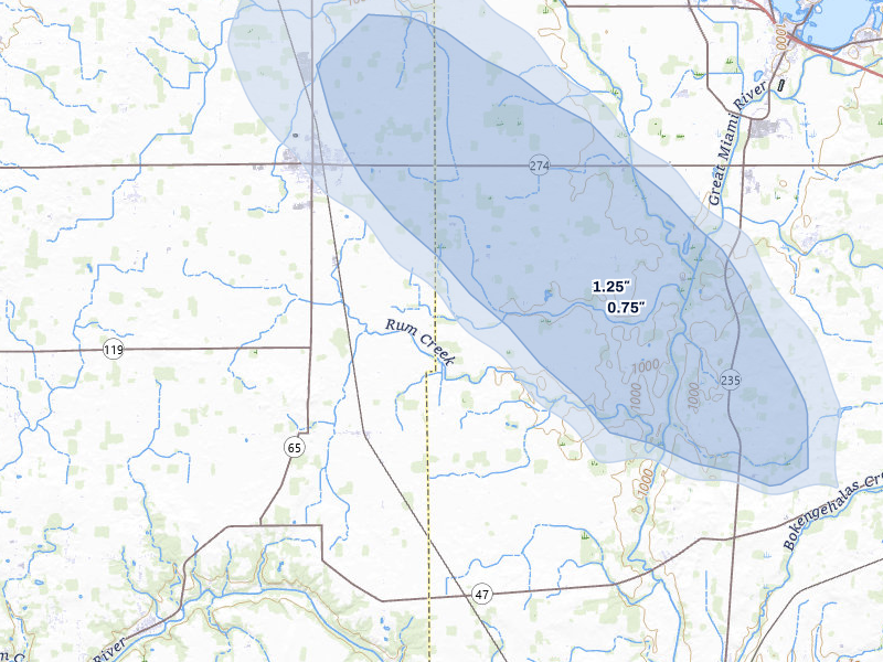 NEXRAD radar-signature map of the hail storm over Quincy, OH on Sep 3, 2026