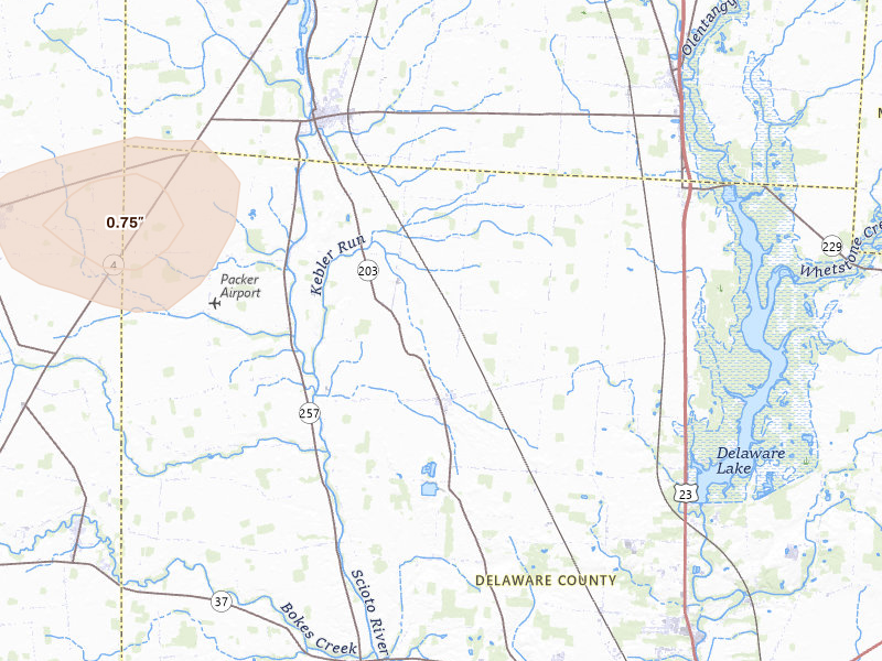 Radar-estimated hail-size map of the storm over Radnor, OH on Jul 4, 2026