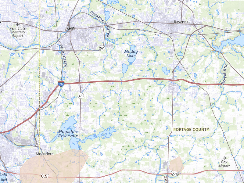 Radar-estimated hail-size map of the storm over Ravenna, OH on Jul 3, 2026