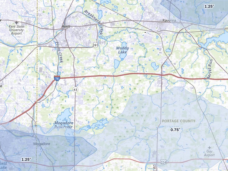 NEXRAD radar-signature map of the hail storm over Ravenna, OH on Jul 3, 2026
