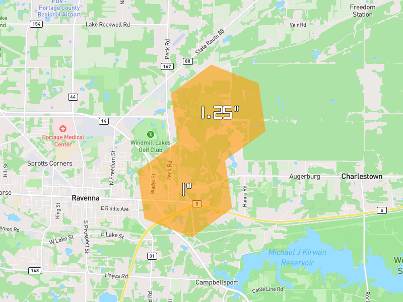 Hail map of Ravenna, OH on Jul 4, 2026, hail up to 1.25"