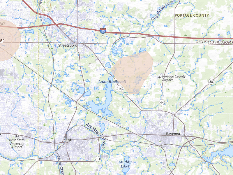 Radar-estimated hail-size map of the storm over Ravenna, OH on Aug 22, 2026