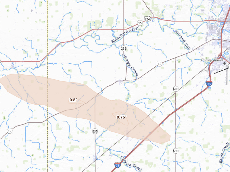 Radar-estimated hail-size map of the storm over Rawson, OH on Aug 12, 2026