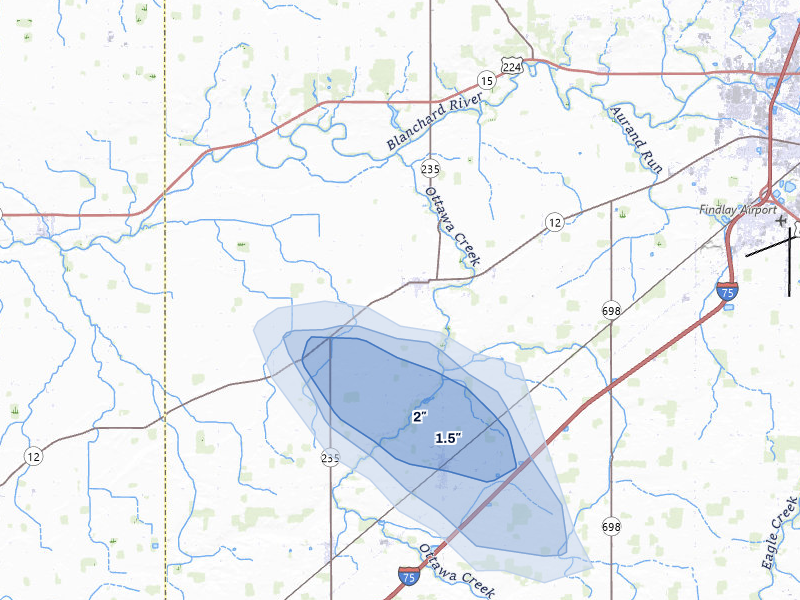 NEXRAD radar-signature map of the hail storm over Rawson, OH on Aug 12, 2026
