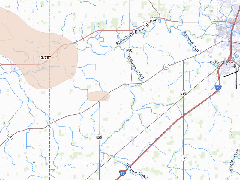 Radar-estimated hail-size map of the storm over Rawson, OH