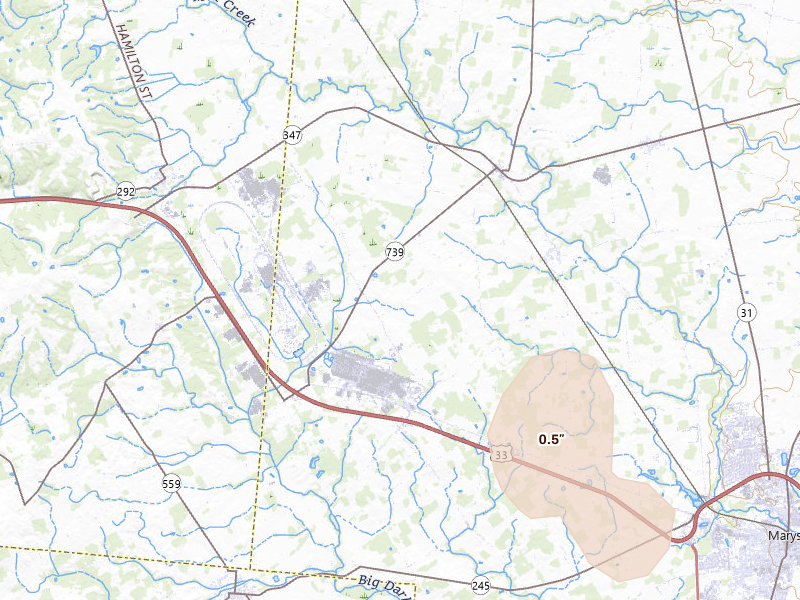 Radar-estimated hail-size map of the storm over Raymond, OH on May 16, 2026