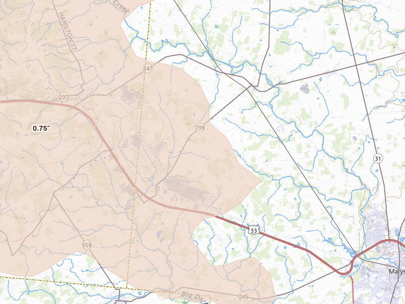 Radar-estimated hail-size map of the storm over Raymond, OH on Aug 10, 2026