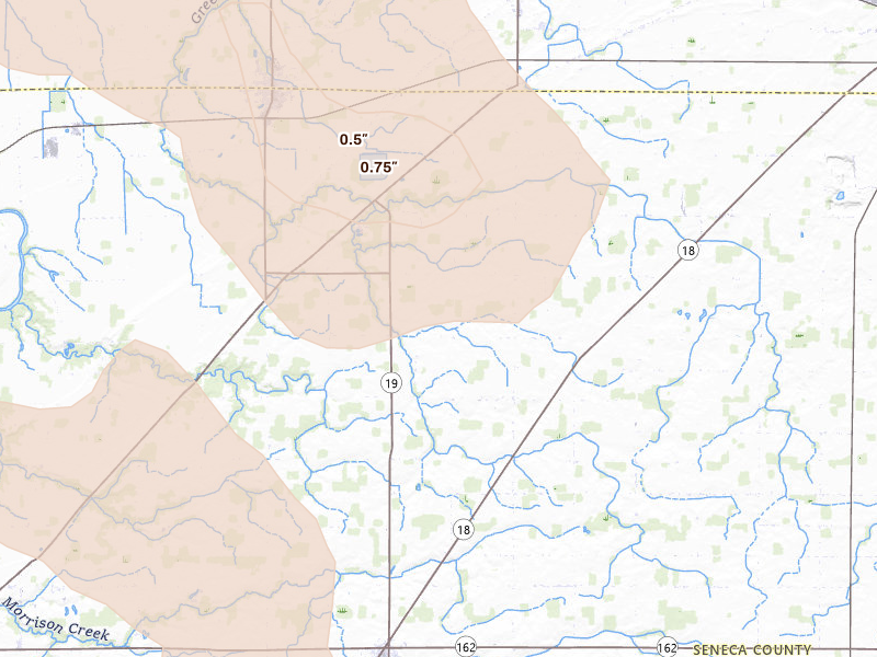 Radar-estimated hail-size map of the storm over Republic, OH on Aug 10, 2026
