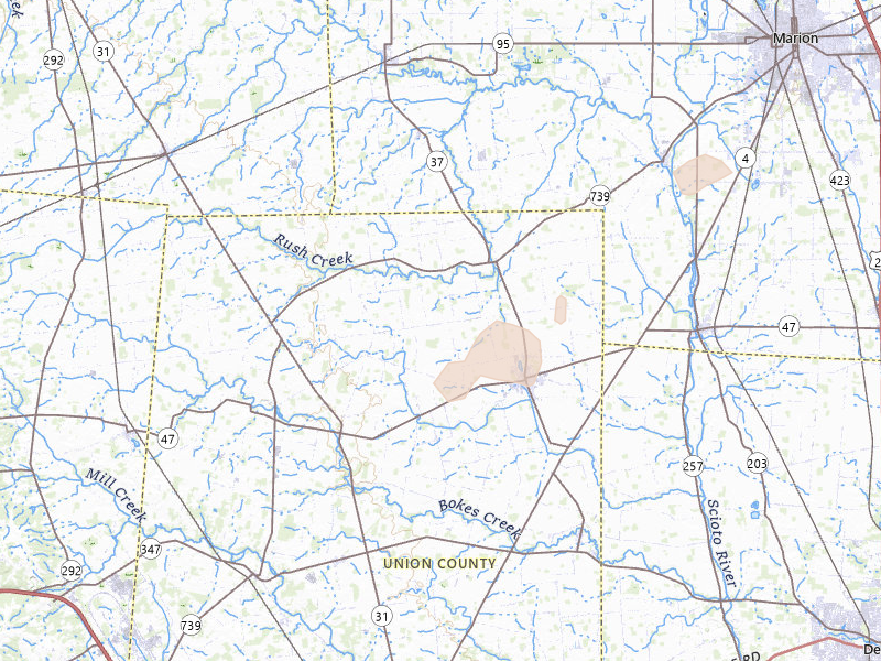 Radar-estimated hail-size map of the storm over Richwood, OH on May 16, 2026