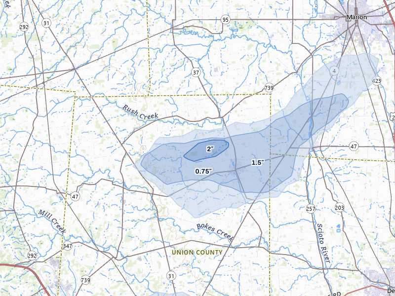 NEXRAD radar-signature map of the hail storm over Richwood, OH on May 16, 2026