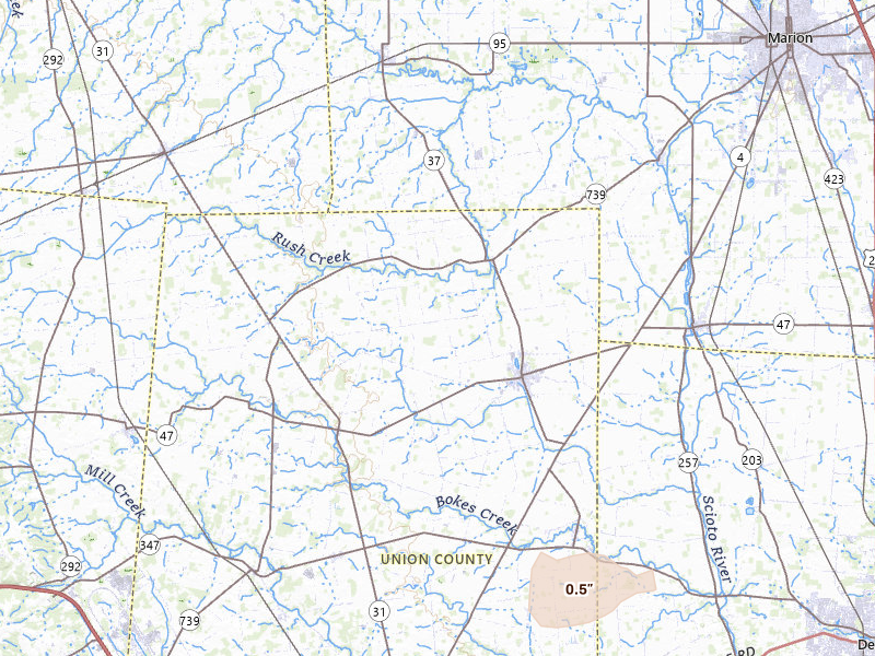 Radar-estimated hail-size map of the storm over Richwood, OH on Jun 6, 2026