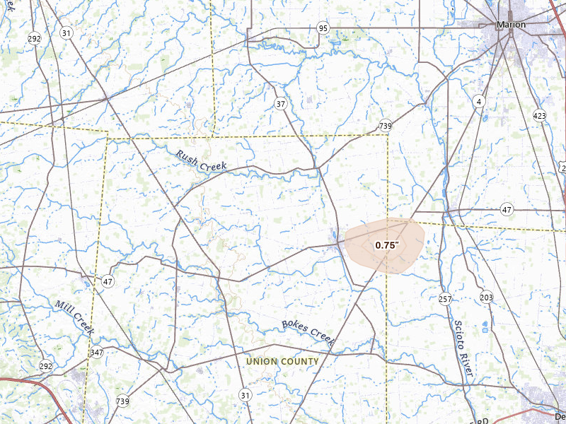 Radar-estimated hail-size map of the storm over Richwood, OH on Jul 4, 2026
