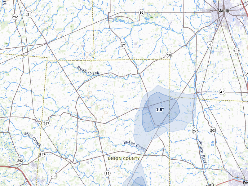 NEXRAD radar-signature map of the hail over Richwood, OH