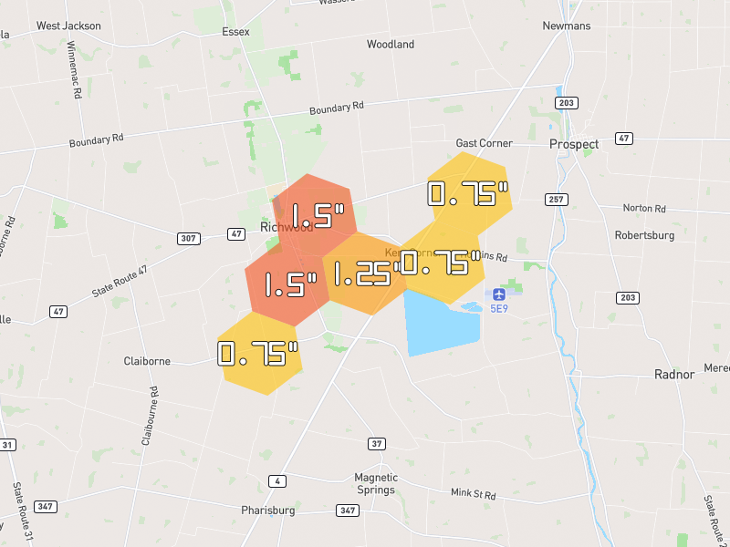 Hail map of Richwood, OH on Jul 4, 2026, hail up to 1.5"