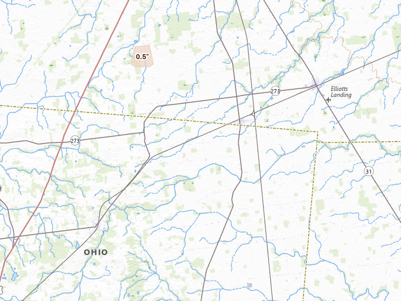 Radar-estimated hail-size map of the storm over Ridgeway, OH on Apr 3, 2026