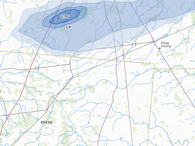 NEXRAD radar-signature map of the hail over Ridgeway, OH