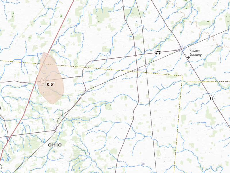Radar-estimated hail-size map of the storm over Ridgeway, OH on Jun 6, 2026