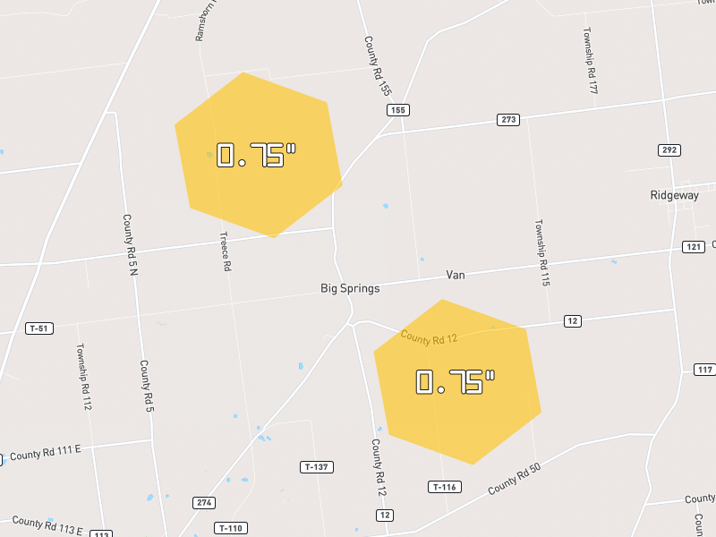 Hail map of Ridgeway, OH on Jun 6, 2026, hail up to 0.75"