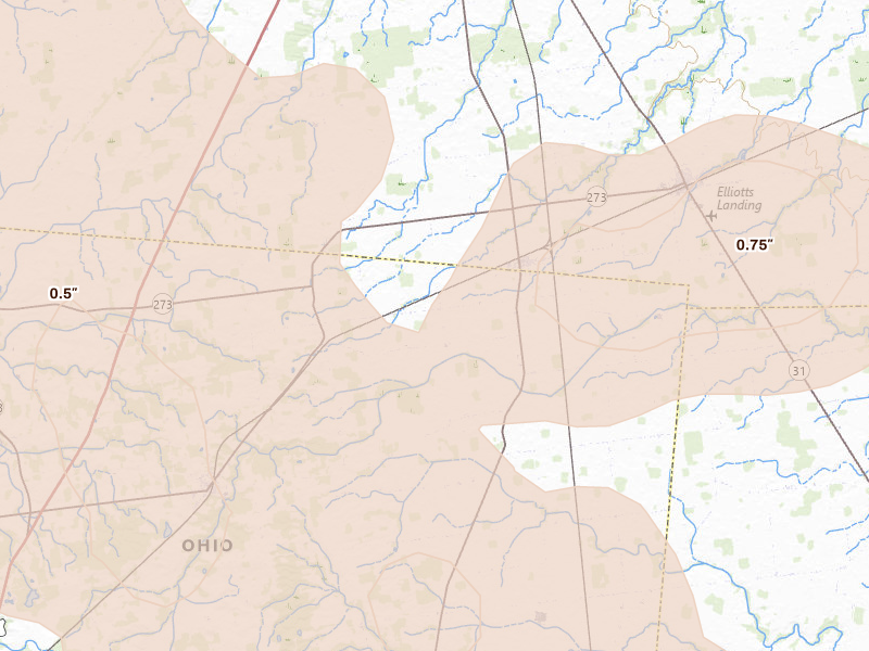 Radar-estimated hail-size map of the storm over Ridgeway, OH on Aug 10, 2026