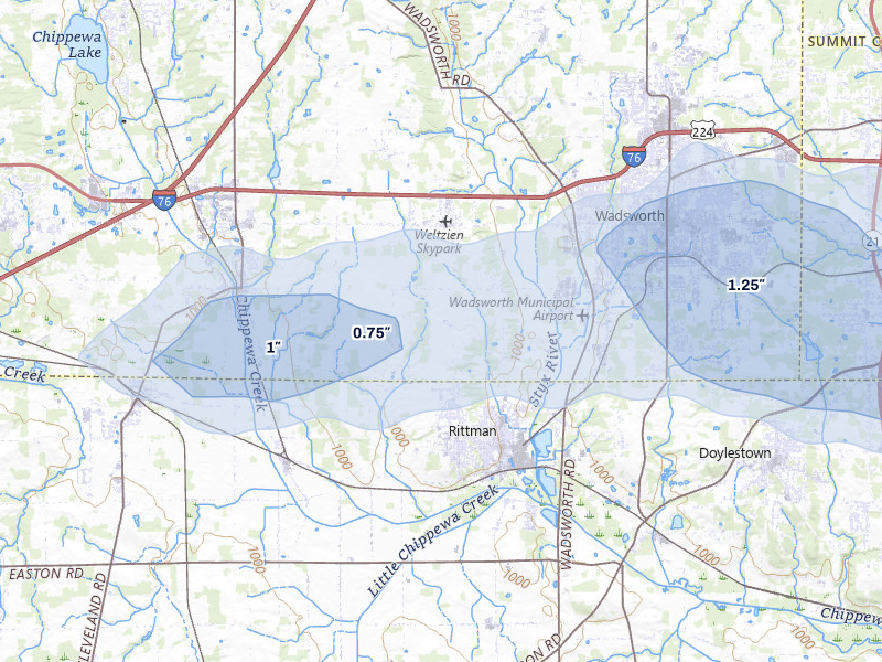 NEXRAD radar-signature map of the hail storm over Rittman, OH on Mar 22, 2026