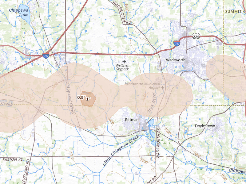 Radar-estimated hail-size map of the storm over Rittman, OH