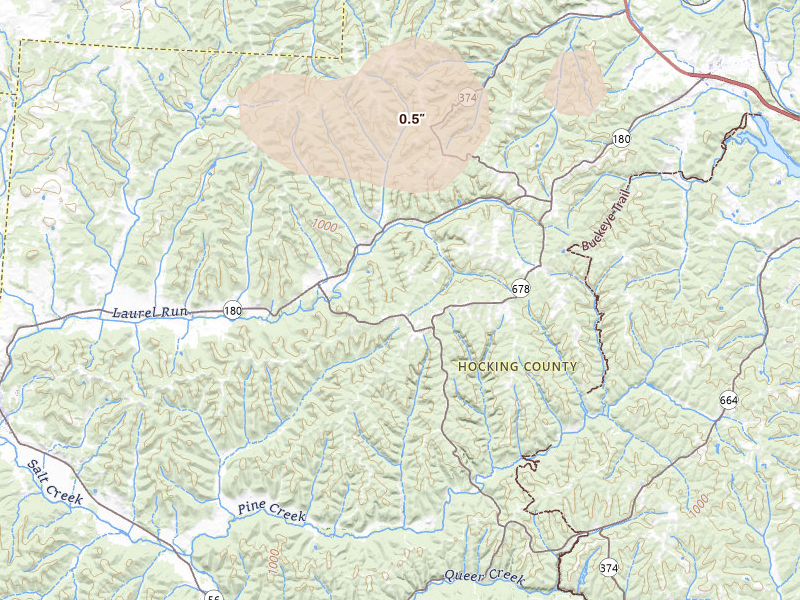 Radar-estimated hail-size map of the storm over Rockbridge, OH on Apr 1, 2026