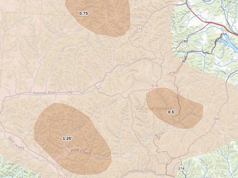 Radar-estimated hail-size map of the storm over Rockbridge, OH on Aug 10, 2026
