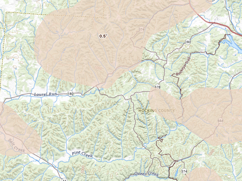 Radar-estimated hail-size map of the storm over Rockbridge, OH on Aug 11, 2026