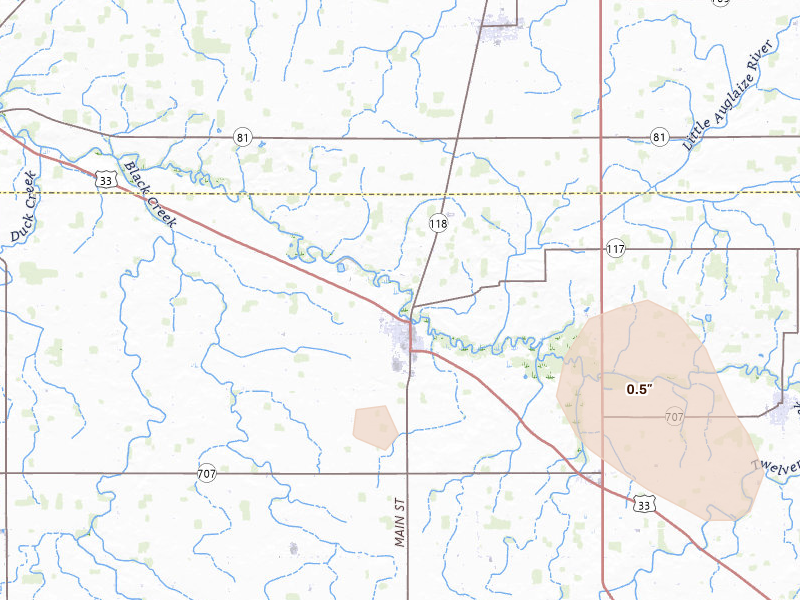Radar-estimated hail-size map of the storm over Rockford, OH on Mar 22, 2026