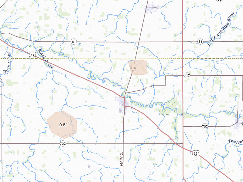 Radar-estimated hail-size map of the storm over Rockford, OH on Jul 18, 2026