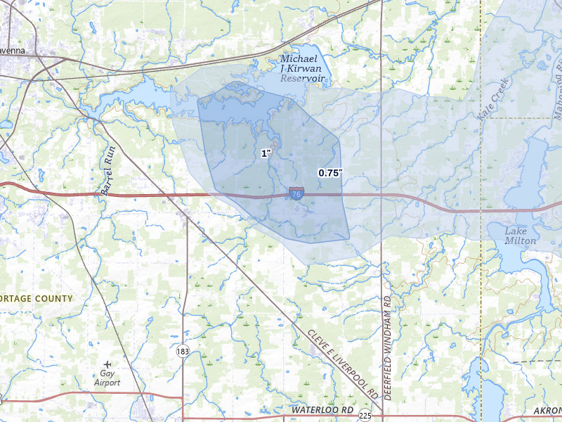 NEXRAD radar-signature map of the hail storm over Rootstown, OH on Jul 5, 2026