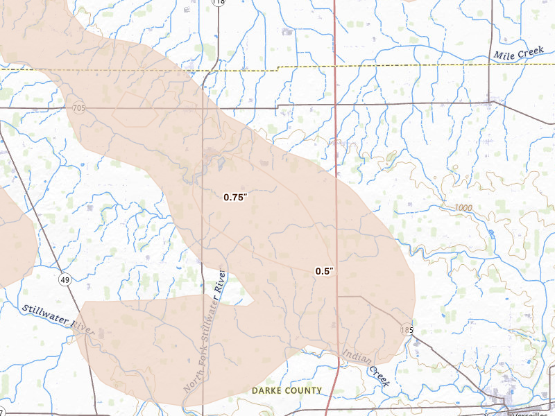 Radar-estimated hail-size map of the storm over Rossburg, OH on Aug 11, 2026